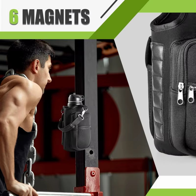 Magnetic Water Bottle Holder For Gym. Water Bottle Carrier Bag W/ Phone Pocket Handle Shoulder Strap 6 Built-In Magnets Water Bottle