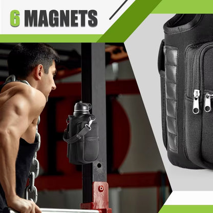 Magnetic Water Bottle Holder For Gym. Water Bottle Carrier Bag W/ Phone Pocket Handle Shoulder Strap 6 Built-In Magnets Water Bottle