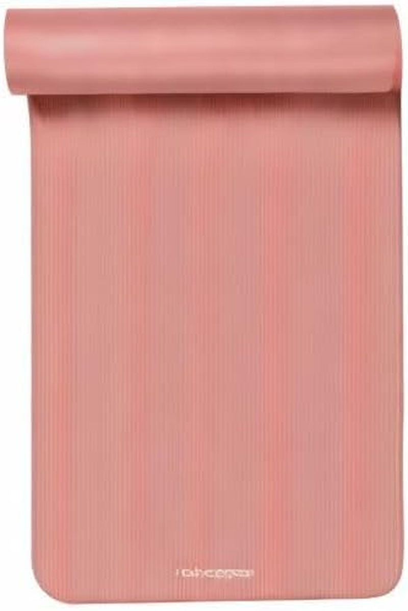 Solana extra thick non-slip yoga mat with a pink ribbed surface and nylon strap for comfort and stability.