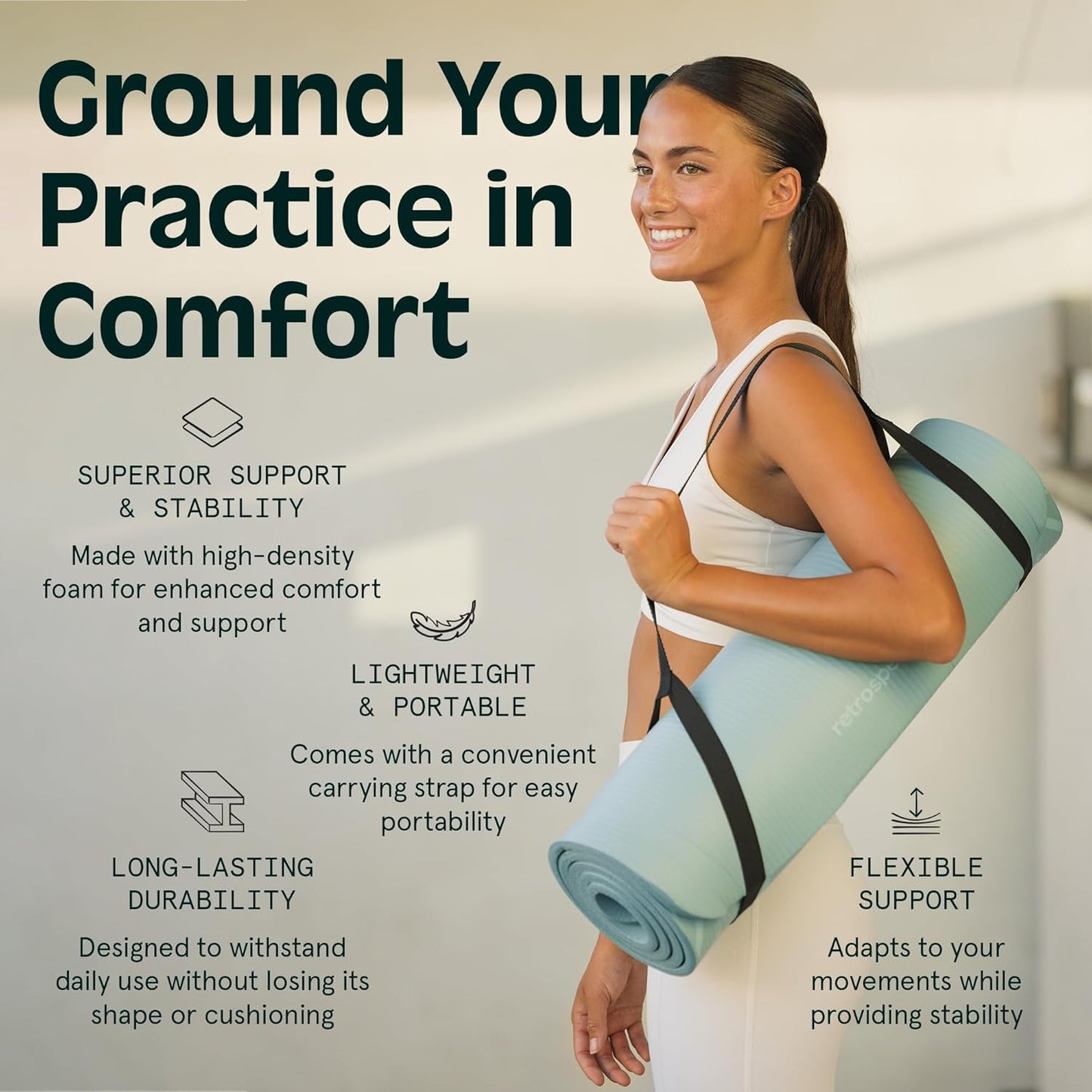extra thick non-slip yoga mat being carried by a smiling woman, highlighting comfort and portability for yoga enthusiasts.