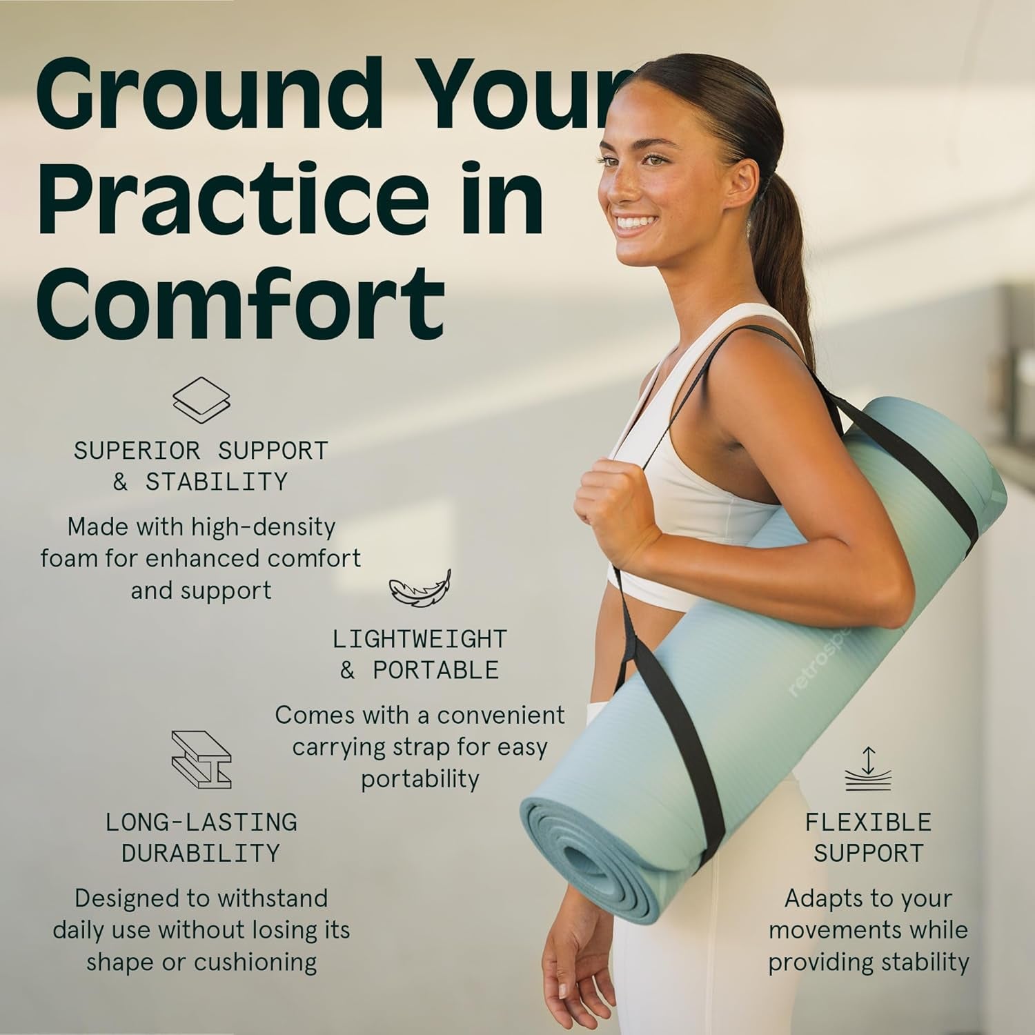 extra thick non-slip yoga mat being carried by a smiling woman, highlighting comfort and portability for yoga enthusiasts.
