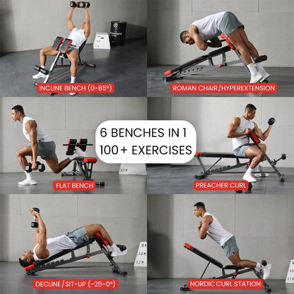 Adjustable Weight Bench For Home Gym showcasing incline, flat, decline benches, and preacher curl exercises.