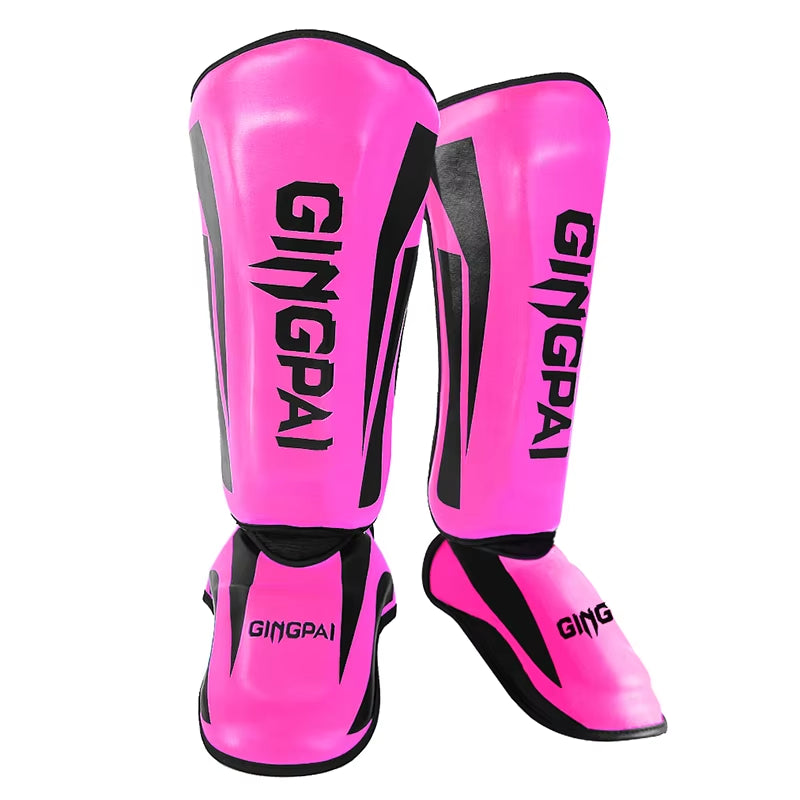 Kickboxing Shin Guard Pads in pink color, ideal for Muay Thai and martial arts training.