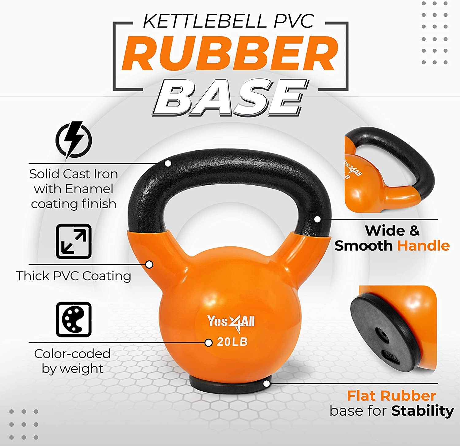 Vinyl Coated Kettlebell for Strength and Home Workouts, Protective Rubber Base, Strength Training Kettlebells for Weightlifting, Conditioning, Strength & Core Training