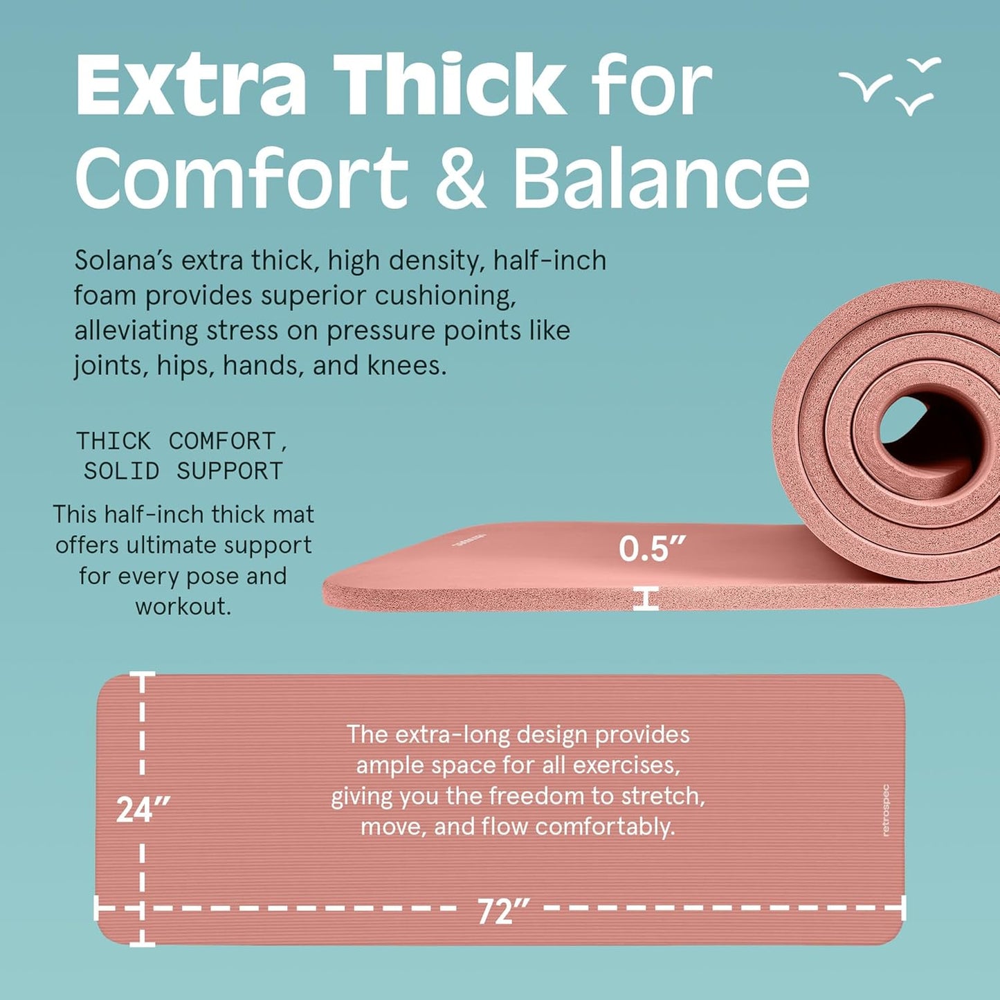Extra thick non-slip yoga mat showcasing comfort features and dimensions for better balance during workouts.