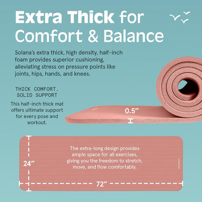 Extra thick non-slip yoga mat showcasing comfort features and dimensions for better balance during workouts.