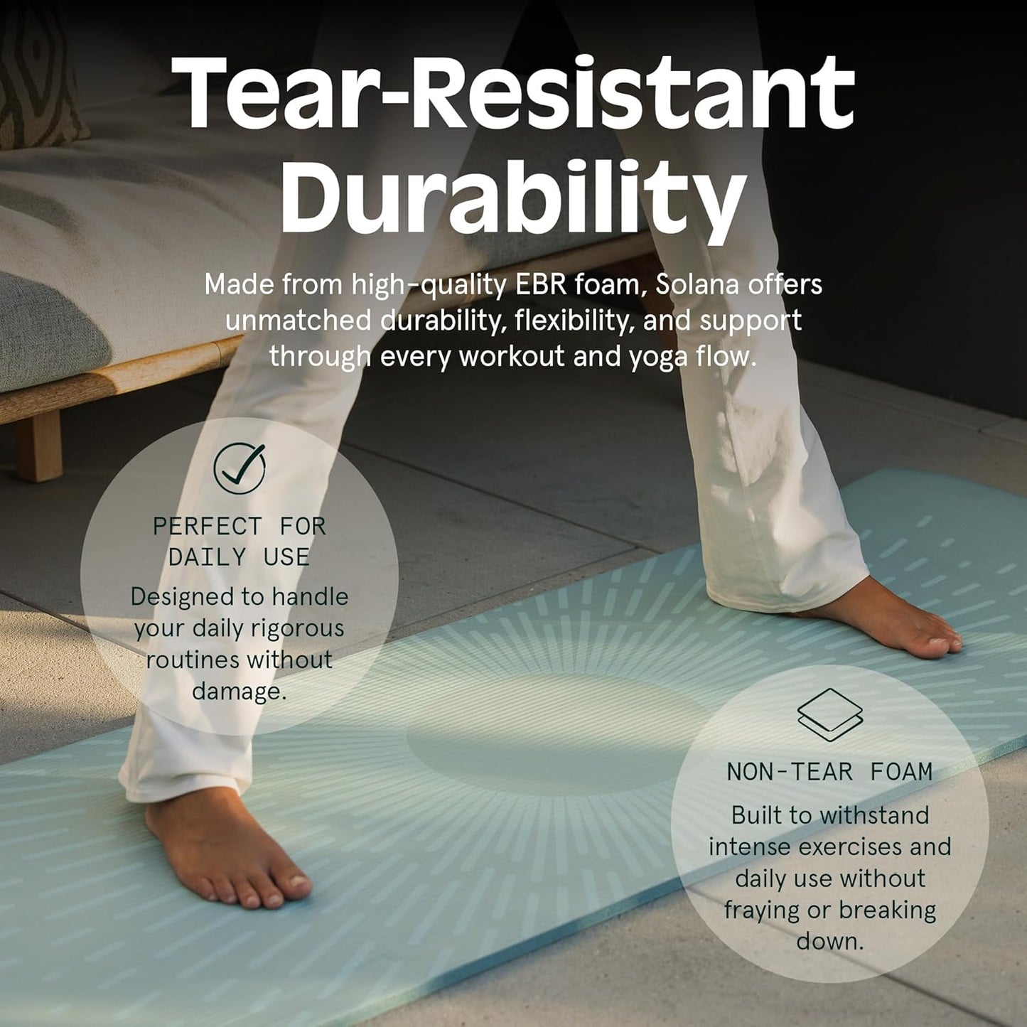 Tear-resistant durability of Solana extra thick non-slip yoga mat for daily workouts and yoga flows.