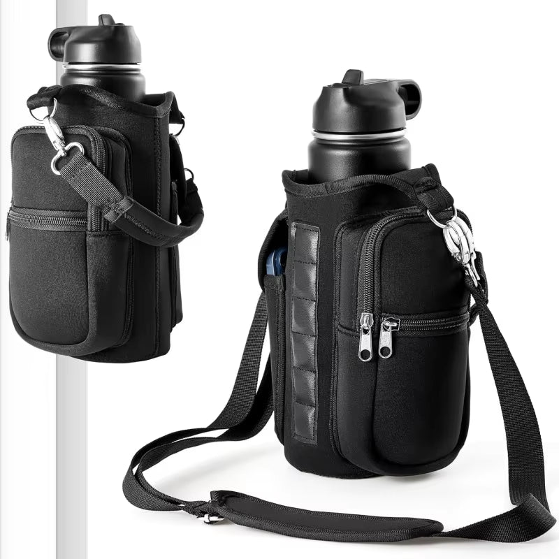 Magnetic Water Bottle Holder For Gym. Water Bottle Carrier Bag W/ Phone Pocket Handle Shoulder Strap 6 Built-In Magnets Water Bottle