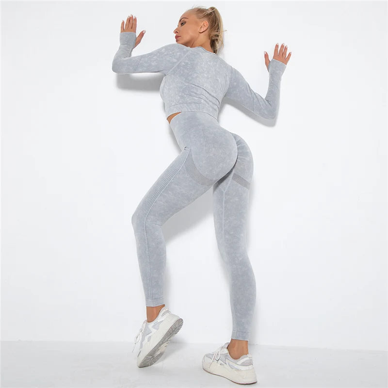 Cropped Top Gym Set Seamless Women Yoga Workout Set Fintess Clothing Push up Leggings Sport Wear Women Suits Tracksuit