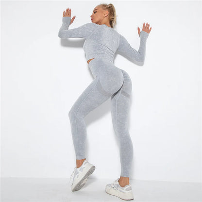 Cropped Top Gym Set Seamless Women Yoga Workout Set Fintess Clothing Push up Leggings Sport Wear Women Suits Tracksuit