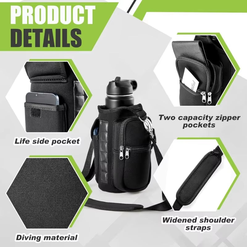 Magnetic Water Bottle Holder For Gym. Water Bottle Carrier Bag W/ Phone Pocket Handle Shoulder Strap 6 Built-In Magnets Water Bottle