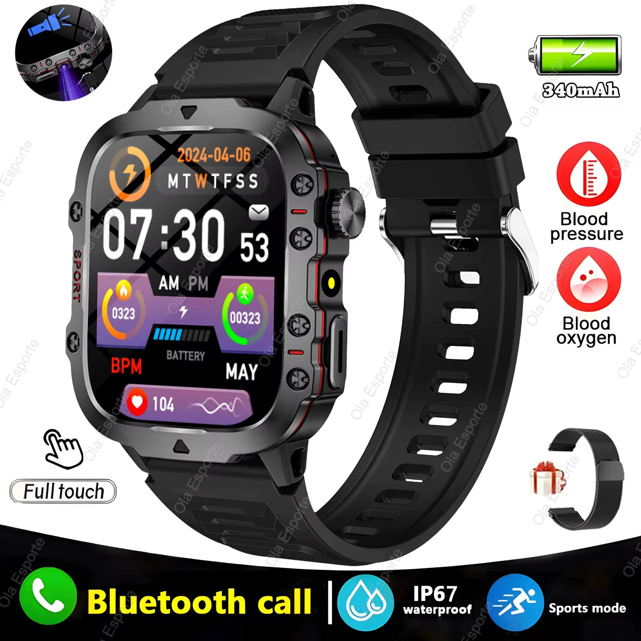 Smartwatch With Flashlight and Bluetooth Calling Fitness Clock IP68 Waterproof Sports Men for Android IOS Smart Watch 2025 New