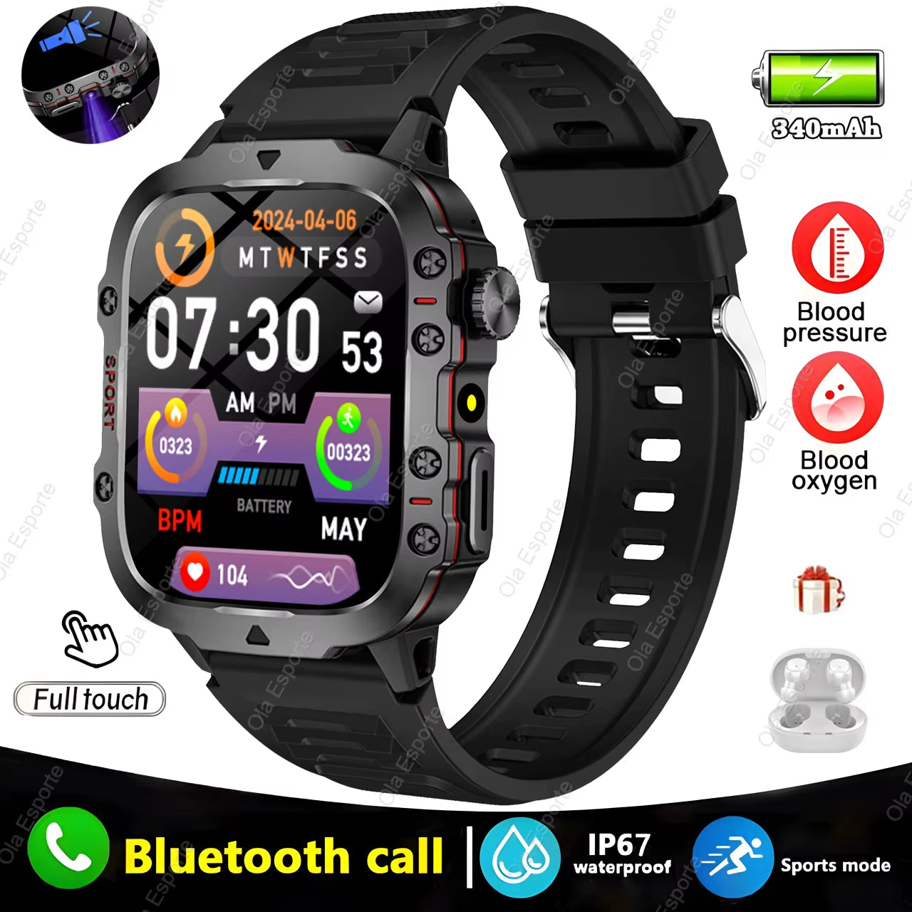 Smartwatch With Flashlight and Bluetooth Calling Fitness Clock IP68 Waterproof Sports Men for Android IOS Smart Watch 2025 New